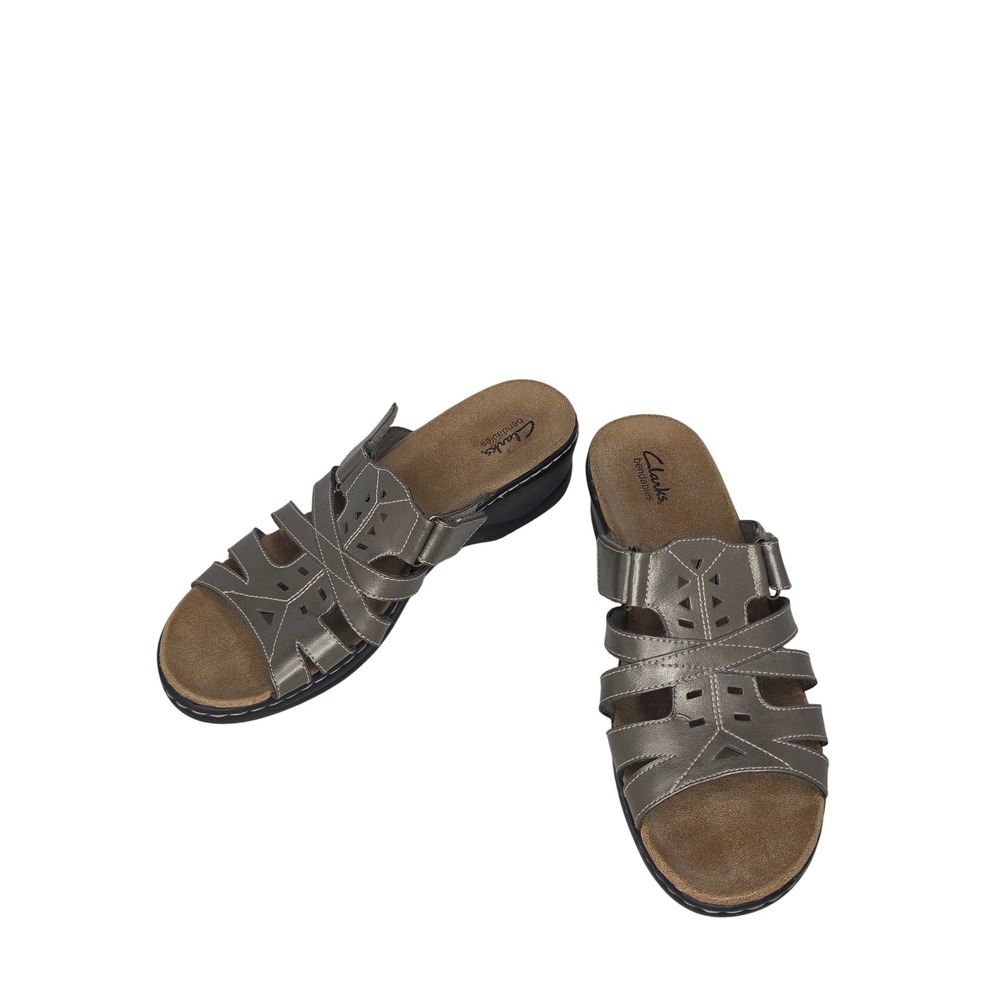 Clarks Bendables‎ Womens 11W Metallic Bronze Leather Strappy Wedge Slide Sandals